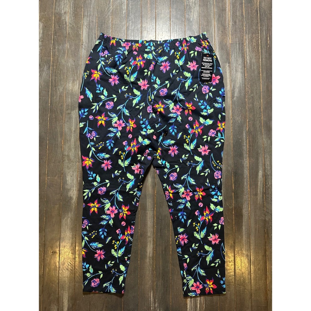 Woman Within Floral‎ Print Leggings Black Multi Plus 1X Petite Stretch